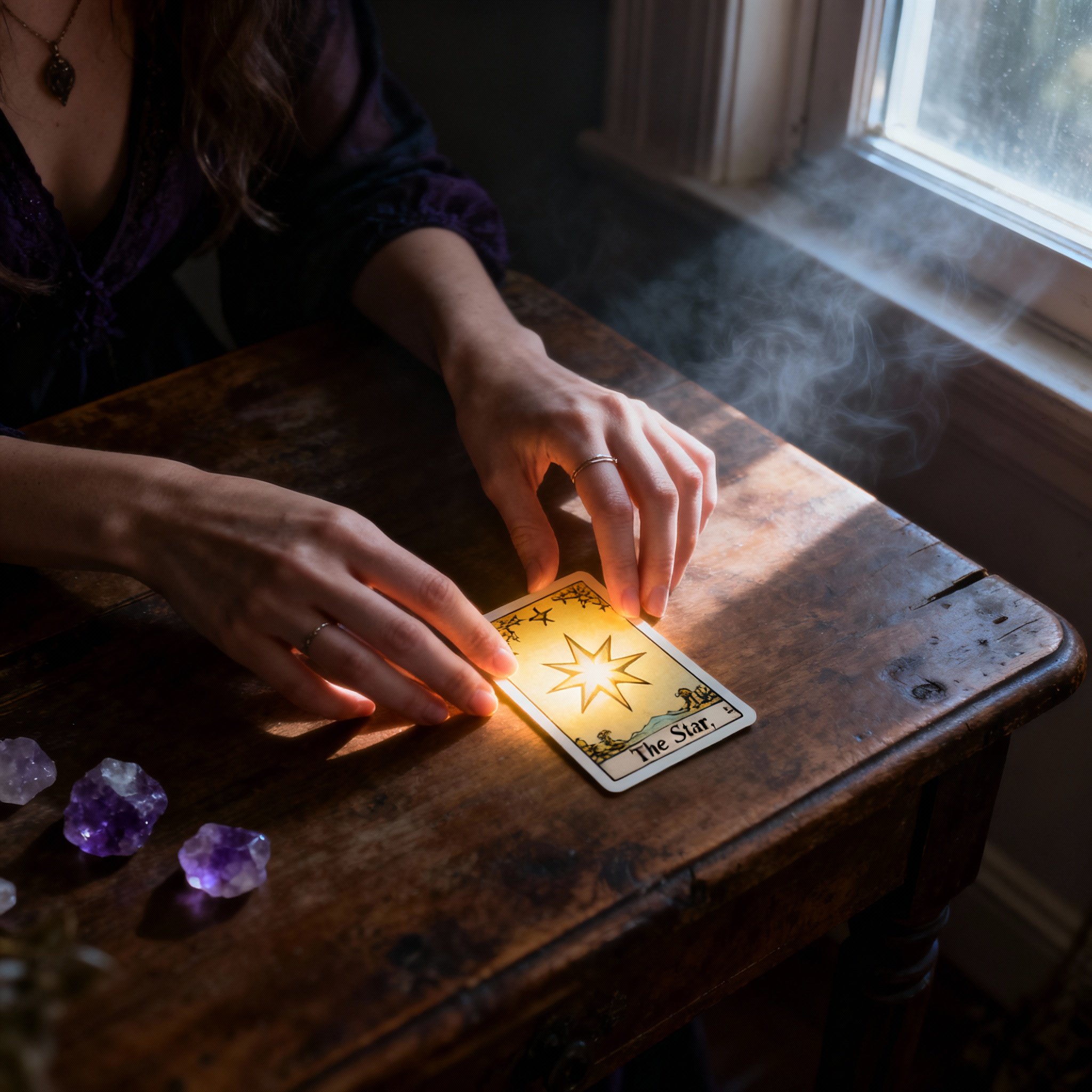 A pair of wise hands interpreting tarot cards on a wooden table. One of the cards emits a subtle glow, symbolizing a key moment of insight or prediction.