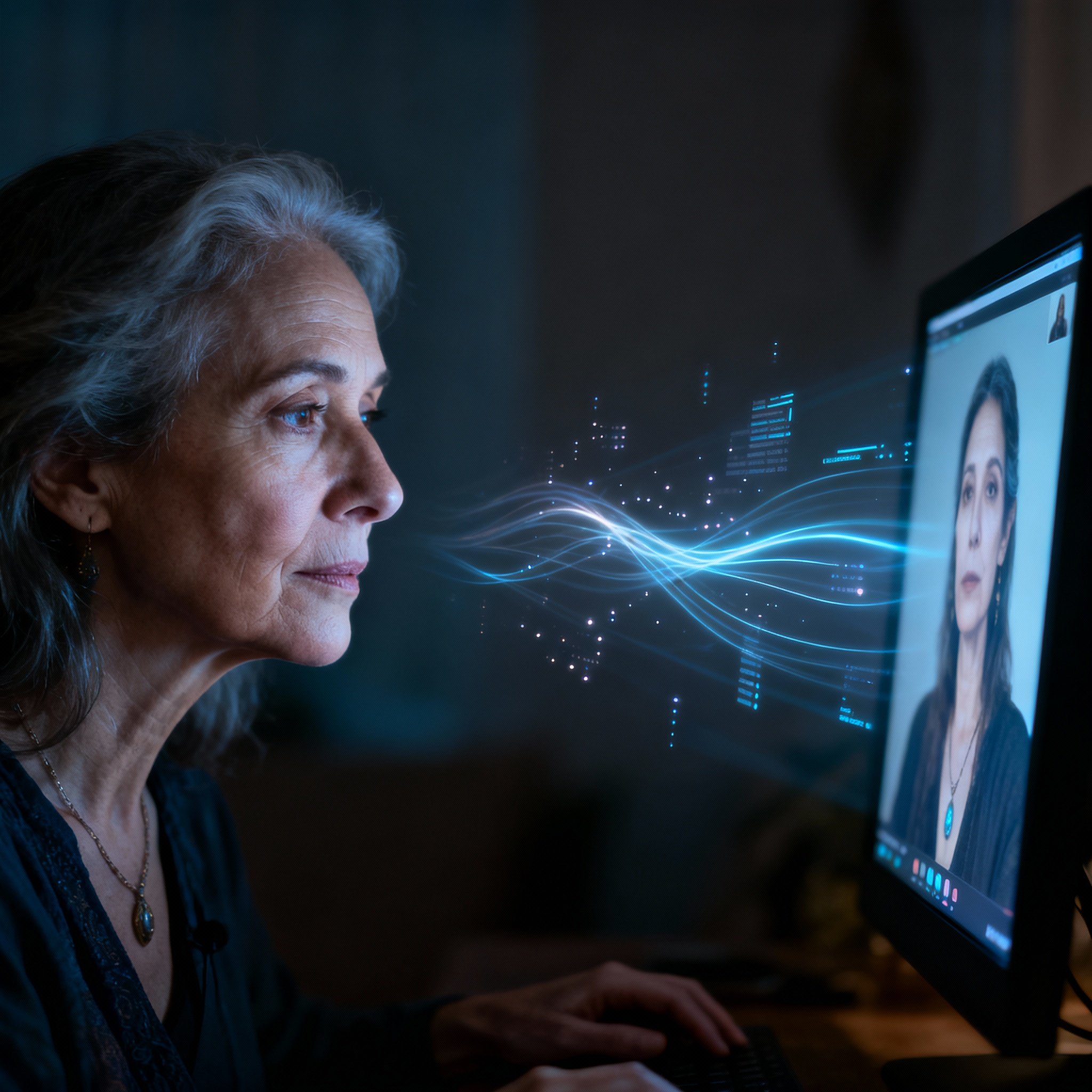 A psychic focused during an online consultation. Abstract light patterns representing emotion and data float in front of her screen, symbolizing the transformation of chaotic user experiences into clear guidance.