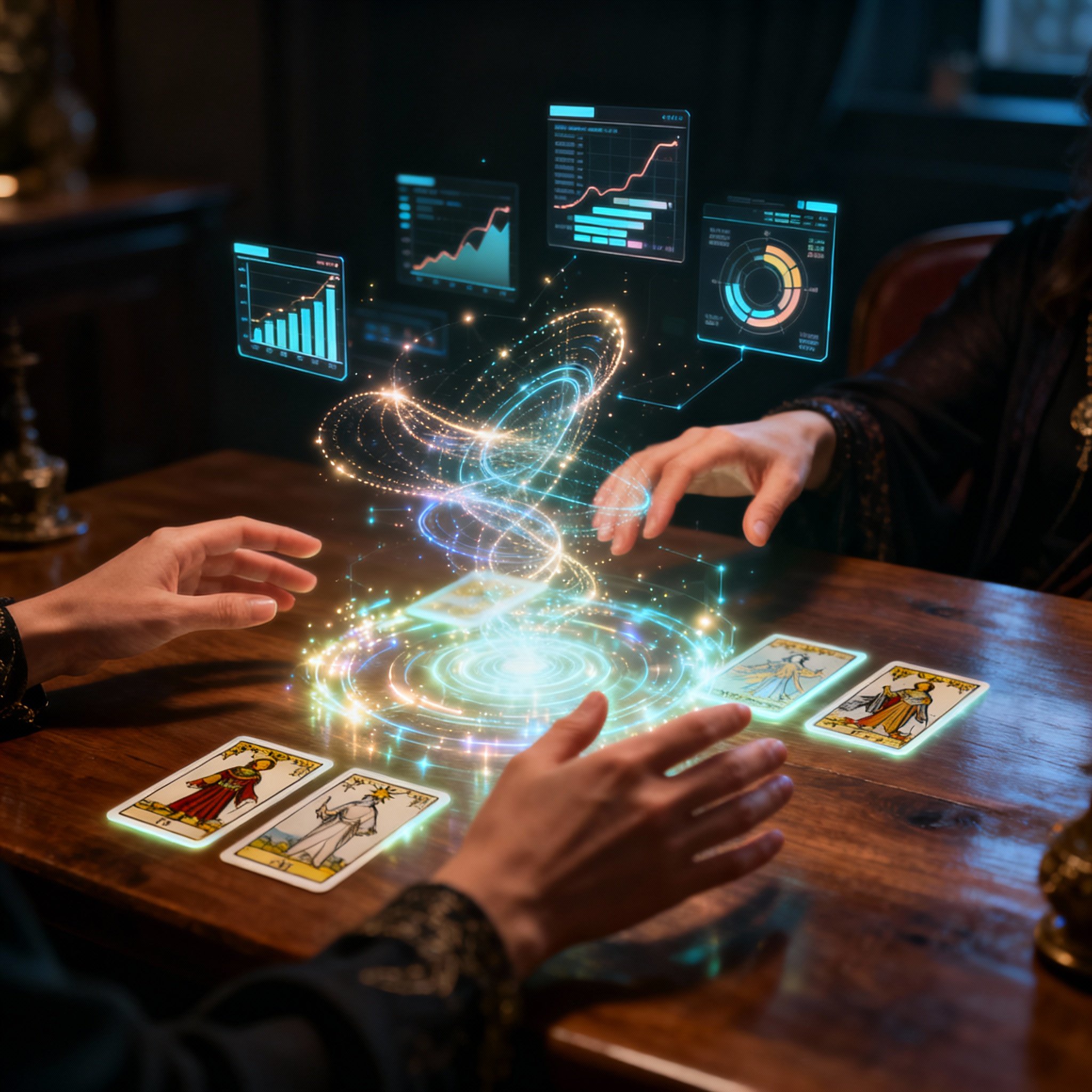 A psychic sits at a desk, her hands hovering over glowing, abstract data charts and tarot cards, illustrating a scene where she is interpreting complex information to provide insights for a client.