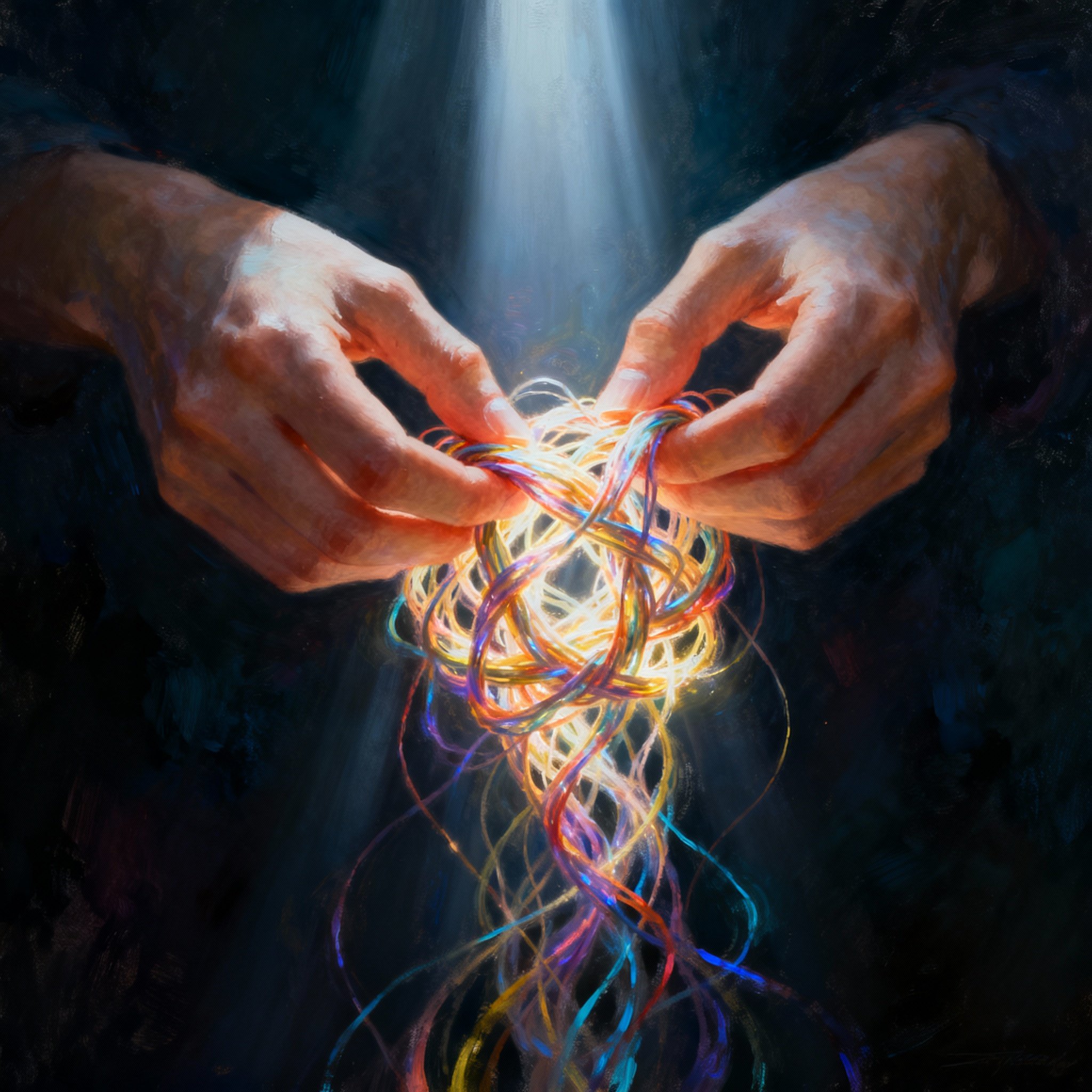 A pair of wise hands gently untangling a complex, glowing knot of threads, symbolizing the psychic's ability to bring clarity to chaotic emotional situations.