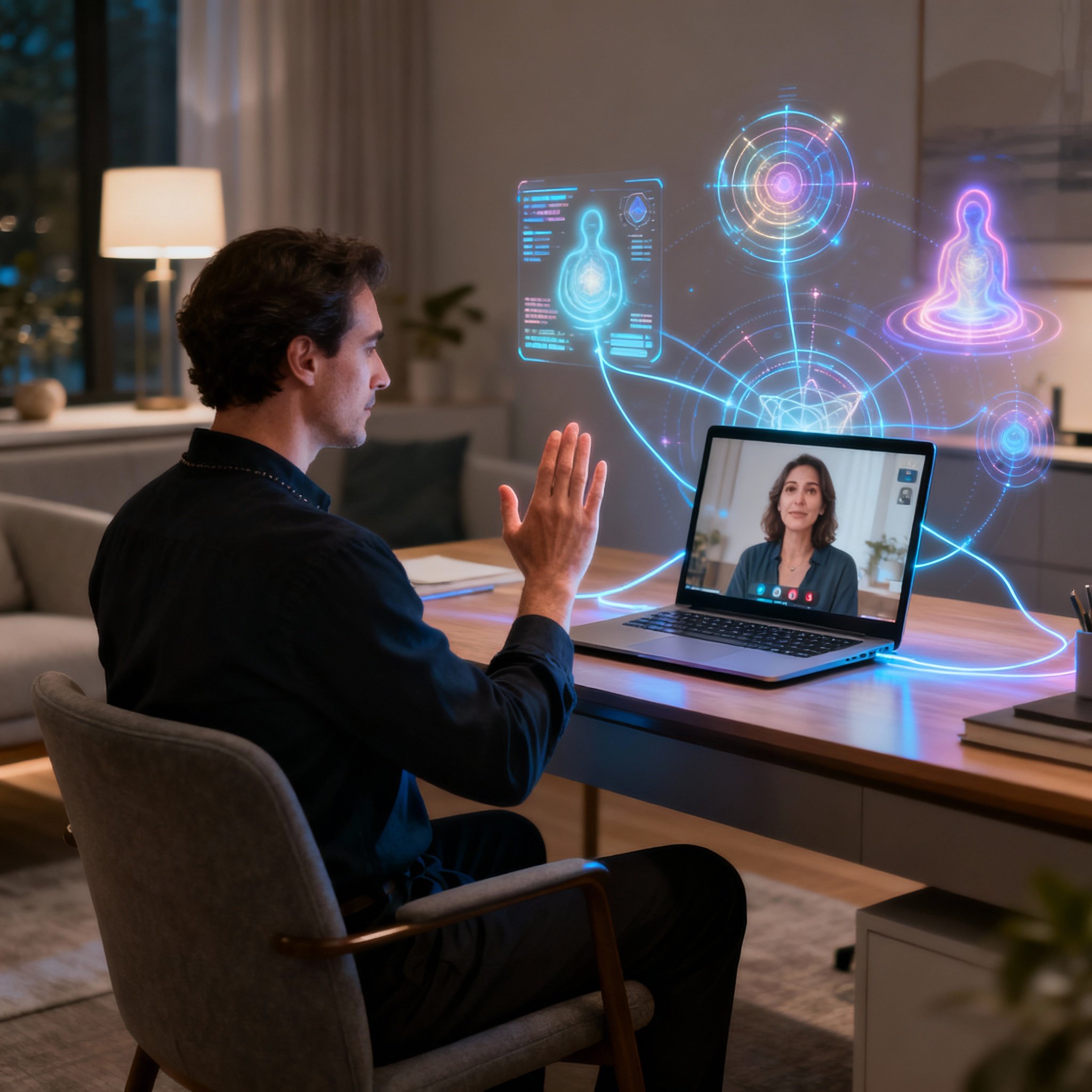 A consultation scene where the psychic, Dominick, is in a video call with a client on a laptop. He is focused and calm, surrounded by abstract auras and glowing data streams representing the client's energy and life path. The image illustrates the fusion of intuitive insight and information interpretation.