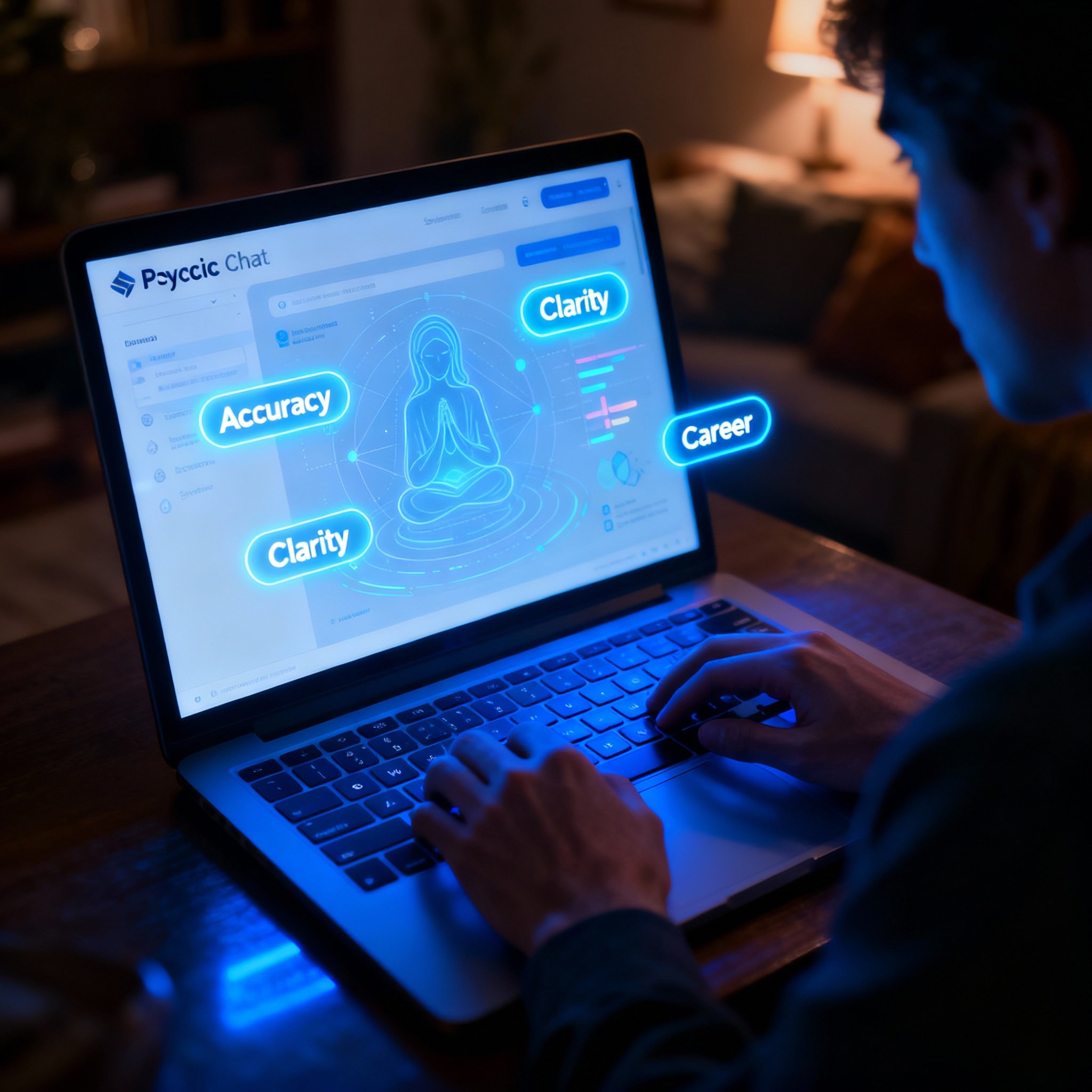 An over-the-shoulder view of a user having an online psychic reading on a laptop; the screen shows a clean chat interface with data visualizations representing 'Accuracy' and 'Clarity'.