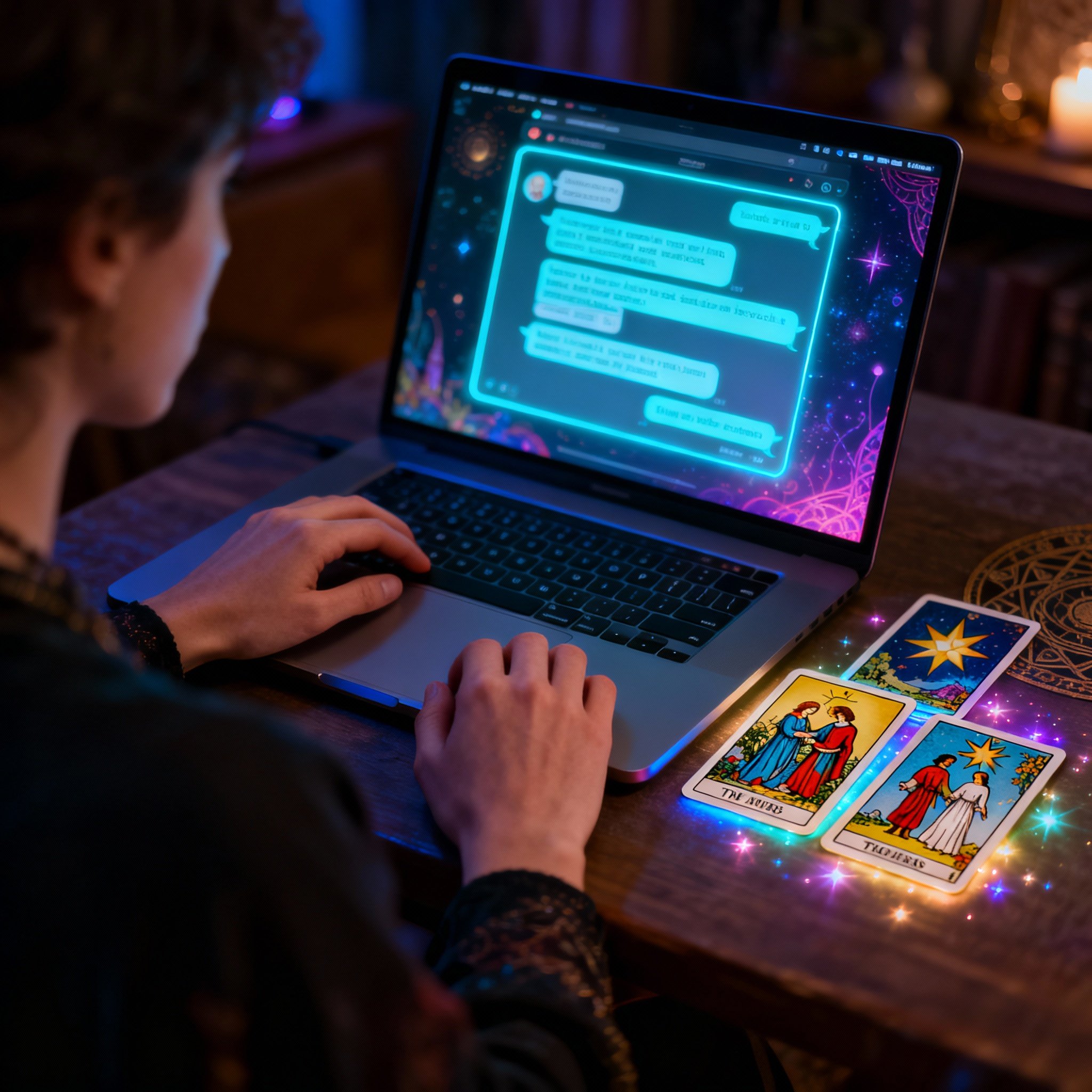 An over-the-shoulder view of hands typing on a laptop, with an online chat interface visible on the screen. Beside the laptop, several glowing Tarot cards are laid out, symbolizing the interpretation of client information in a digital age.