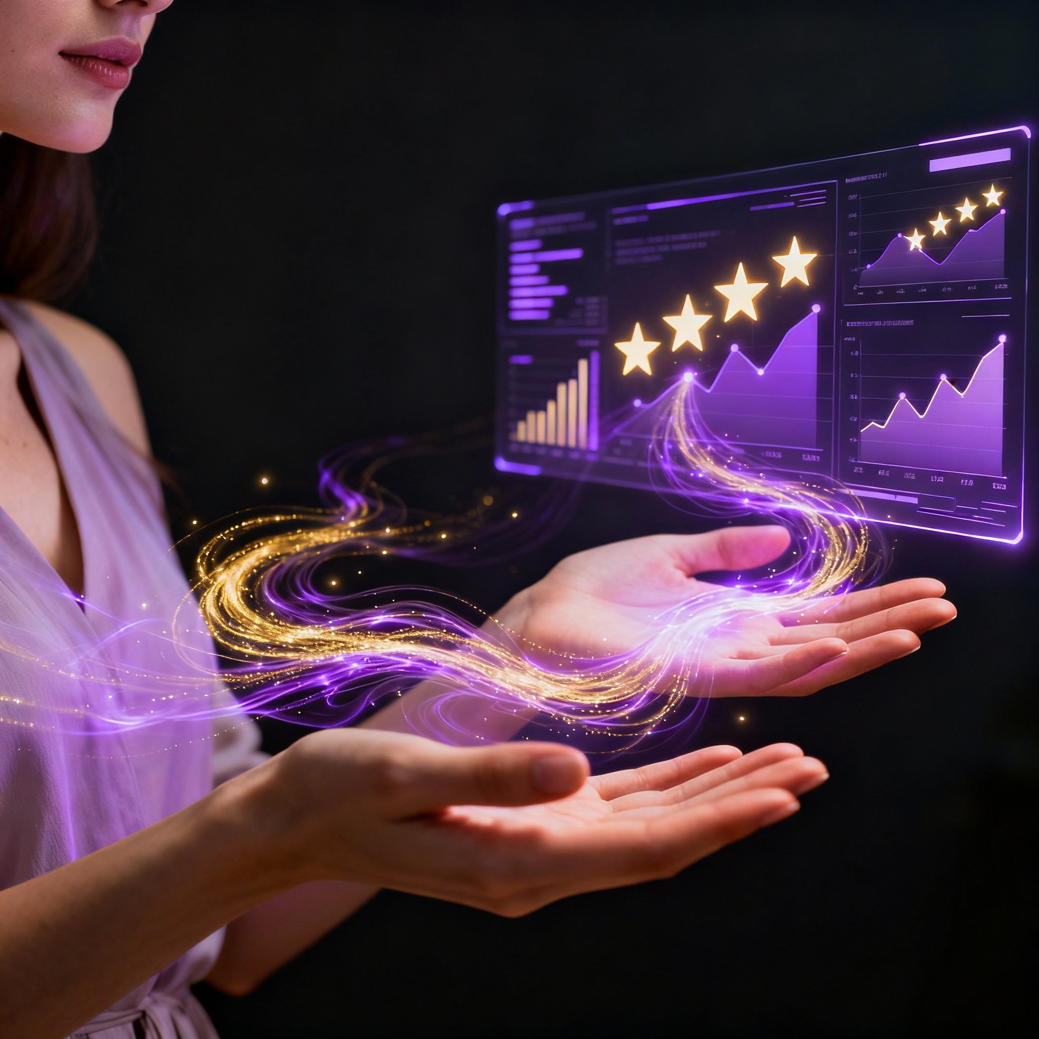 A symbolic scene of a consultation, where a psychic's hands hover gently, emitting a soft energy glow, interacting with abstract charts and emotional ripples representing client data, illustrating the process of intuitive interpretation.