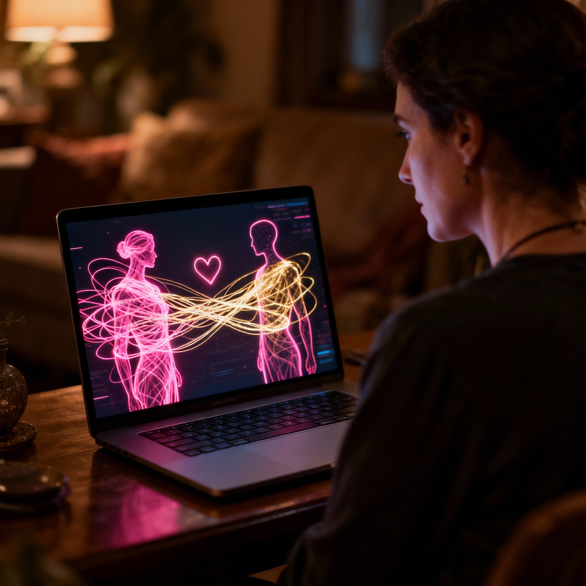 An image of a consultation scene where a psychic is intently looking at a screen, which displays abstract glowing energy lines and heart shapes connecting two figures, symbolizing insight into complex emotional relationships.